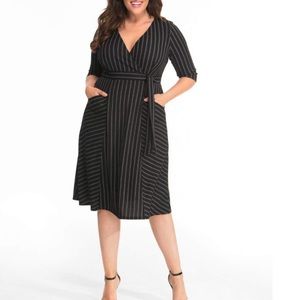 Kiyonna Harmony faux wrap dress black white stripes 4X plus size